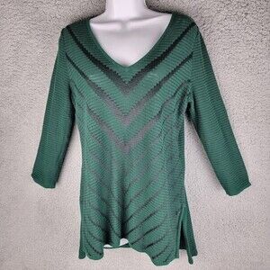 Dana Buchman Womens Knitted Tunic Sz S Pullover V-Neck Green with Black Stripes